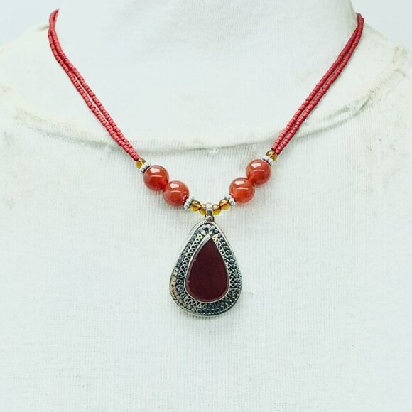 Red Beaded Pendant Necklace, Ethnic Unique Necklace, Beaded Chain Handmade - Picture 1 of 8